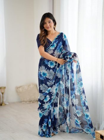 MODERN GEORGETTE PRINTED WITH MIRROR WORK SAREE WITH UNSTITCHED BLOUSE BLUE