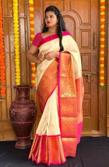 MODERN LICHI SILK JACQUARD WORK SAREE WITH UNSTITCHED BLOUSE CREAM