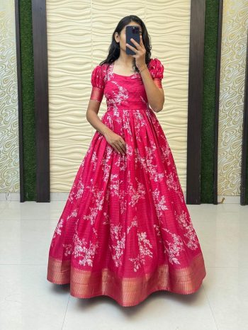 NEW ARRIVAL DOLA SILK KALAMKARI PRINT AND JCQUARD BORDER WORK GOWN RANI