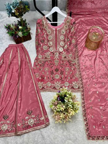 NEW ARRIVAL NATURAL CREPE EMBROIDERY AND SEQUENCE WORK TOP PALAZZO WITH DUPATTA  PINK