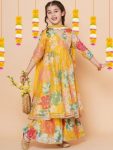 NEW ARRIVAL RAYON DIGITAL FLOWER PRINT WORK KID'S TOP SHARARA WITH DUPATTA YELLOW