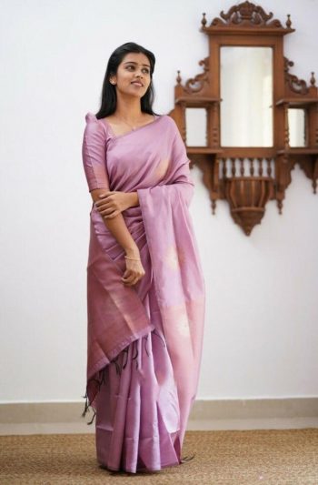 RICH LOOK LICHI SILK JACQUARD WORK SAREE WITH UNSTITCHED BLOUSE LAVENDER
