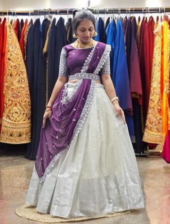 RICH LOOK NYLON ORGANZA SILK ZARI EMBROIDERY MIRROR WORK LEHENGA CHOLI WITH DUPATTA  PURPLE