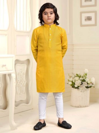 TRADITIONAL COTTON SILVER WEAVING LINE KID'S WEAR KURTA WITH PAYJAMA YELLOW