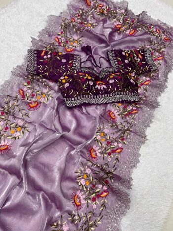 ATTRACTIVE GEORGETTE  EMBROIDERY SEQUENCE WORK SAREE WITH FULLY STITCHED BLOUSE LAVENDER