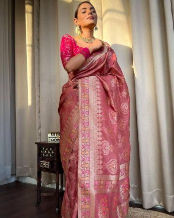ATTRACTIVE LICHI SILK JACQUARD WORK SAREE WITH UNSITICHED BLOUSE PINK