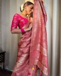 3ATTRACTIVE LICHI SILK JACQUARD WORK SAREE WITH UNSITICHED BLOUSE BRIDAL WEAR WHOLESALE PRICE ETHNIC GARMENT (50)