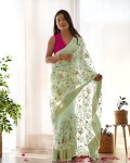 ATTRACTIVE ORGANZA SILK THREAD AND ZARI-DORI WORK SAREE WITH UNSTITCHED BLOUSE PISTA