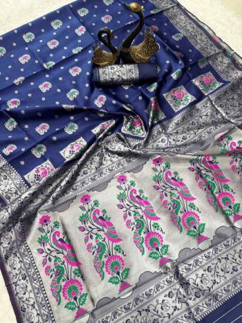 ATTRACTIVE PAITHANI SILK ZARI MEENAKARI WEAVING SAREE WITH UNSTITCHED BLOUSE NAVY BLUE