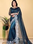 ATTRACTIVE TWILL NET MULTI WORK SAREE WITH UNSTITCHED BLOUSE TEAL
