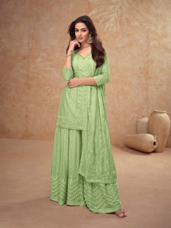 BOLLYWOOD CHINON EMBROIDERY WORK TOP PALAZZO WITH DUPATTA PISTA