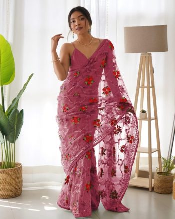 DESIGNER BUTTERFLY NET THREAD AND AARI EMBROIDERY WORK WITH STONE WORK SAREE WITH UNSTITCHED BLOUSE PINK