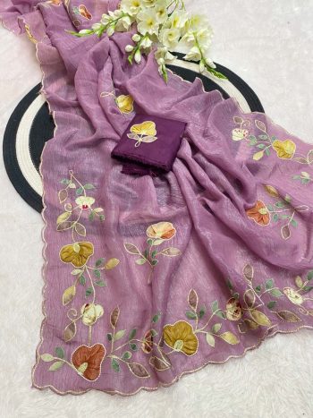 DESIGNER CRUNCHY CHIFFON MULTI COLOR PATCH AND HANDWORK BORDER SAREE WITH UNSTITCHED BLOUSE LAVENDER