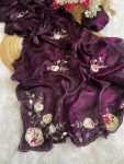 DESIGNER FENDY SATIN HAND WORK AND PATCH WORK SAREE WITH UNSTITCHED BLOUSE PURPLE