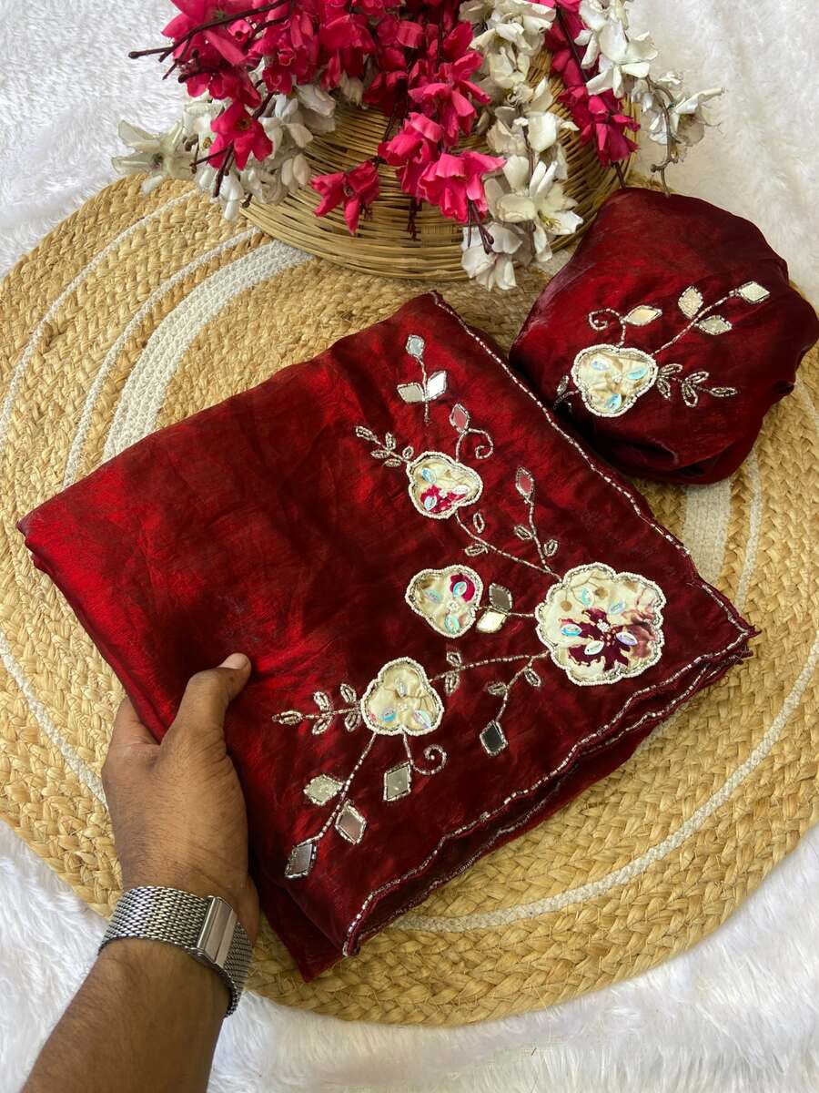 3DESIGNER FENDY SATIN HAND WORK AND PATCH WORK SAREE WITH UNSTITCHED BLOUSE PARTY WEAR WHOLESALE PRICE ETHNIC GARMENT (34)