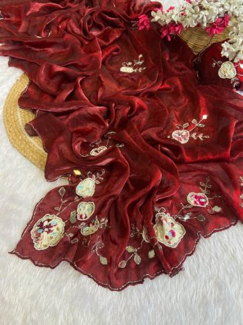 DESIGNER FENDY SATIN HAND WORK AND PATCH WORK SAREE WITH UNSTITCHED BLOUSE BROWN