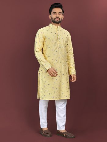 DESIGNER SILK MULTI COLOUR EMBROIDERY FLOWER WORK WITH ALL OVER MATTE SEQUENCE KURTA PAYJAMA YELLOW