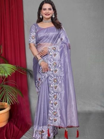 DESIGNER TWILL NET MULTI WORK SAREE WITH UNSTITCHED BLOUSE PURPLE