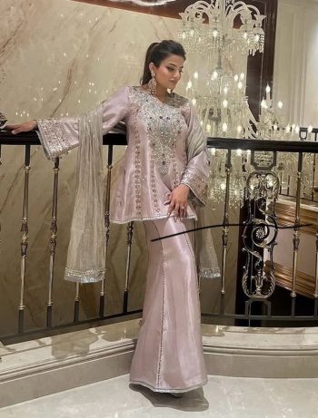 FANCY CREPE EMBROIDERY SEQUENCE WORK WITH REAL MIRROR HAND WORK TOP PALAZZO WITH DUPATTA BABY PINK