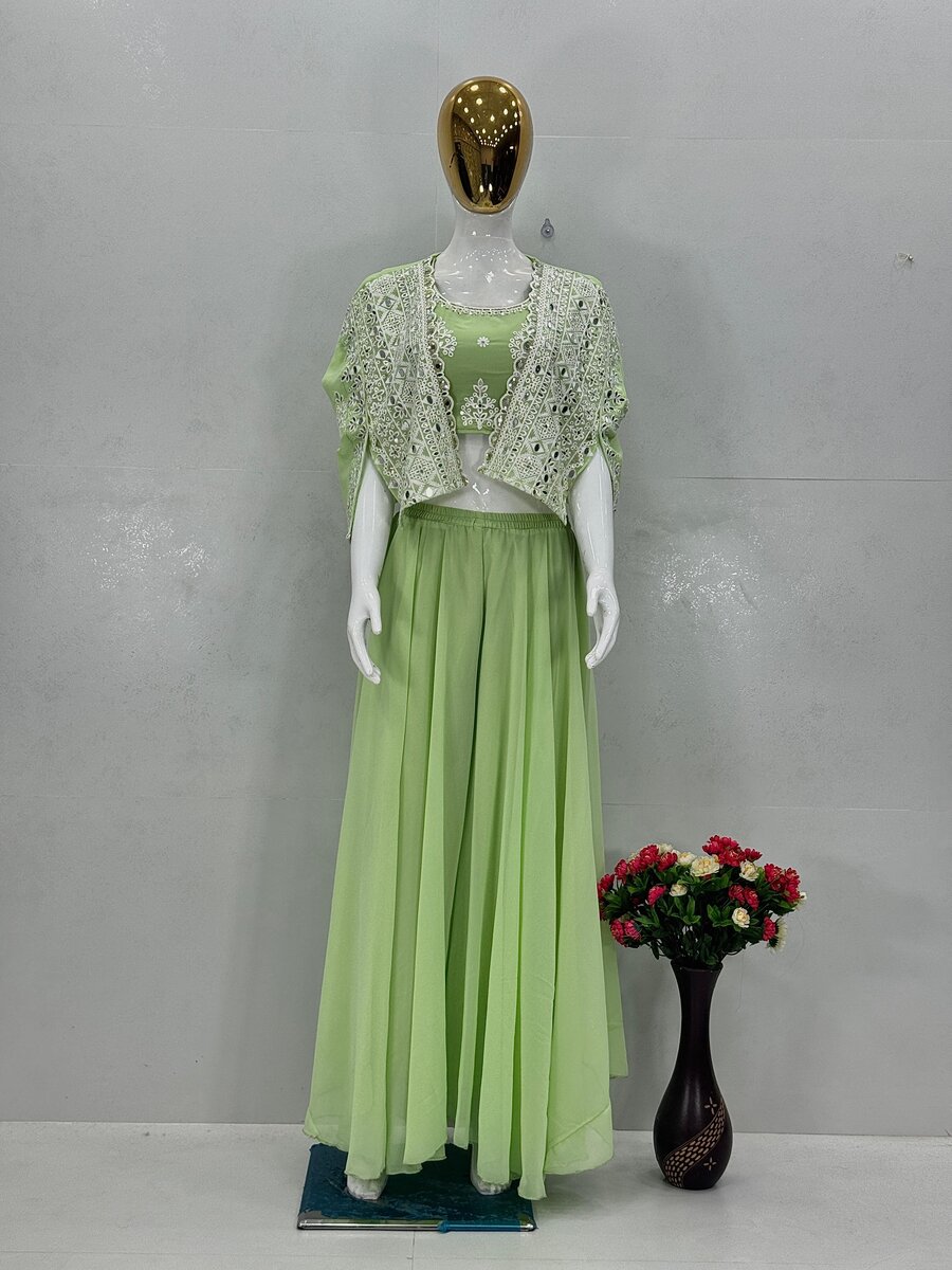 3FANCY GEORGETTE EMBROIDERED SEQUENCE WORK WITH REAL MIROR HAND WORK BLOUSE KOTI WITH PALAZZO PARTY WEAR WHOLESALE PRICE ETHNIC GARMENT (8)