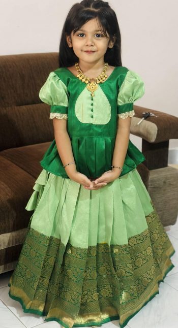 FANCY LICHI SILK ZARI  WEAVING WORK KID'S TOP LEHENGA GREEN