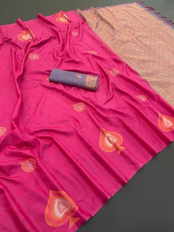 FASHIONABLE BANARASI SILK COPPER ZARI WORK SAREE WITH UNSTITCHED BLOUSE PINK