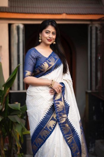 FASHIONABLE LICHI SILK JACQUARD WORK SAREE WITH UNSTITCHED BLOUSE BLUE