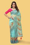 FASHIONABLE ORGANZA SILK THREAD AND ZARI-DORI WORK WITH STONE WORK SAREE WITH UNSTITCHED BLOUSE SKY