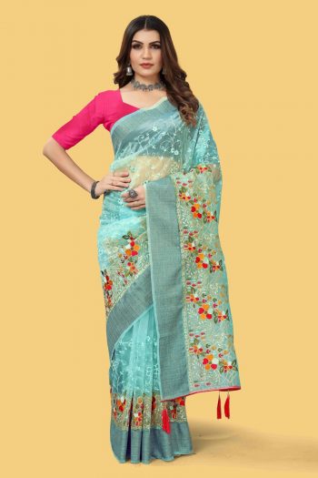 FASHIONABLE ORGANZA SILK THREAD AND ZARI-DORI WORK WITH STONE WORK SAREE WITH UNSTITCHED BLOUSE SKY
