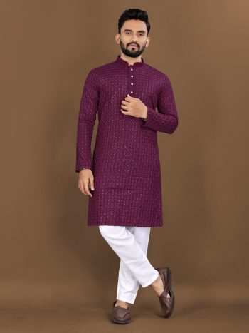 FASHIONABLE RAYON HEAVY EMBROIDERY WITH SEQUENCE WORK KURTA PAYJAMA PURPLE