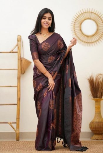 FASHIONABLE SOFT LICHI SILK JACQUARD WORK SAREE WITH UNSTITCHED BLOUSE WINE