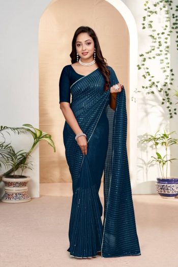 FASHIONABLE VICHITRA SILK EMBROIDERY-SEQUENCES WORK PIPING GOLD COLOUR LACE BORDER SAREE WITH UNSTITCHED BLOUSE TEAL