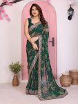 LATEST GEORGETTE RAJWADI BANDHEJ PRINT WITH EMBROIDERY WORK SAREE WITH UNSTITCHED BLOUSE GREEN