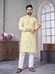 LATEST ROYAL LINEN EMROIDERY WITH SEQUENCE WORK  KURTA PAYJAMA YELLOW