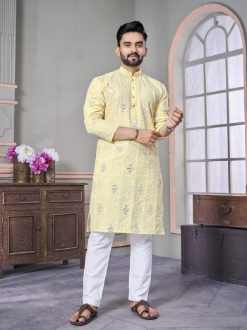 LATEST ROYAL LINEN EMROIDERY WITH SEQUENCE WORK  KURTA PAYJAMA YELLOW