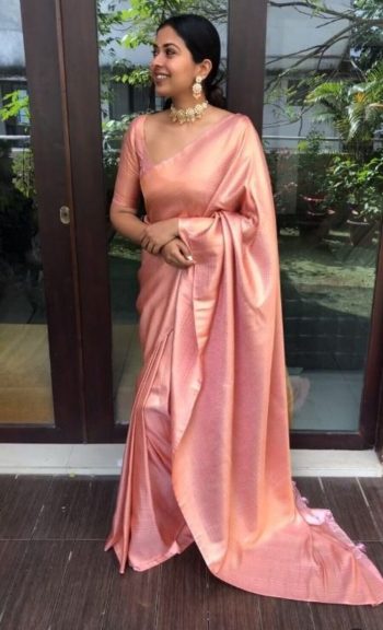 LATEST SOFT LICHI SILK JACQUARD WORK SAREE WITH UNSTITCHED BLOUSE PEACH