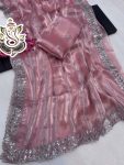 LUXURY PURE SOFT JIMMY CHOO SILK SEQUENCE WORK WITH WORK BORDER SAREE WITH UNSTITCHED BLOUSE BABY PINK