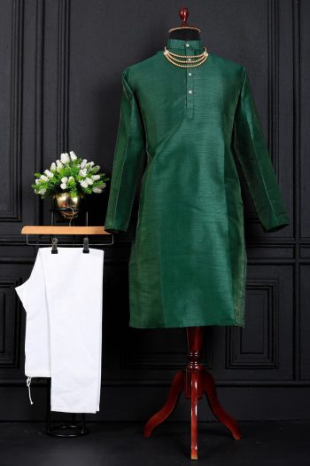 MODERN  BANGLORI SILK  PLAIN WORK MEN'S KURTA PAYJAMA GREEN