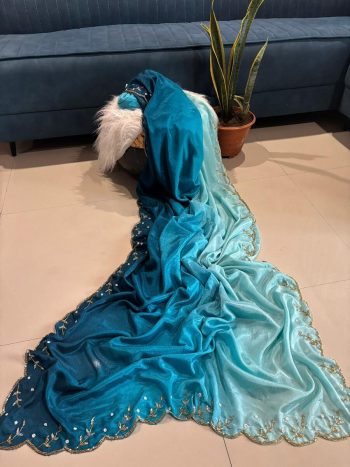 MODERN CHINON PADDING RICH CUT DANA AND MOTI FLOWERS HANDWORK BORDER SAREE WITH UNSTITCHED BLOUSE BLUE