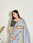 3MODERN EMBROIDERY WORK SEQUENCE AND JARI WITH ARC BORDER JIMMY CHOO SAREE WITH STITCHED BLOUSE FORMAL WEAR WHOLESALE PRICE ETHNIC GARMENT (48)