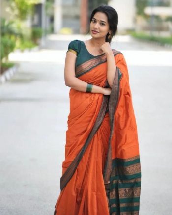 MODERN LICHI SILK JACQUARD WORK SAREE WITH UNSTITCHED BLOUSE ORANGE
