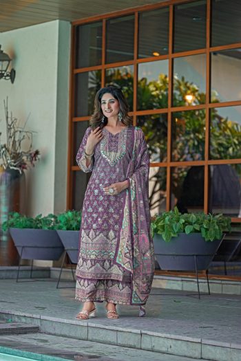 MODERN SOFT CHINON DIGITAL PRINT AND HANDWORK TOP BOTTOM WITH DUPATTA PURPLE