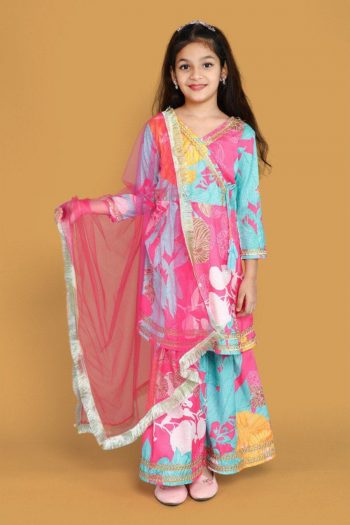 NEW ARRIVAL RAYON DIGITAL FLOWER PRINT WORK KID'S TOP SHARARA WITH DUPATTA SKY