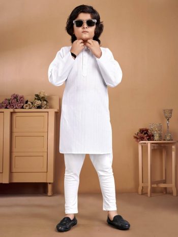TRADITIONAL COTTON SILVER WEAVING LINE KID'S WEAR KURTA WITH PAYJAMA WHITE
