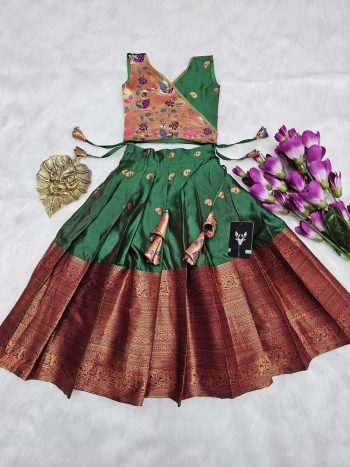TRENDING KANJIVARAM SILK ZARI WEAVING WORK KID'S LEHENGA CHOLI GREEN