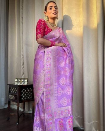 ATTRACTIVE LICHI SILK JACQUARD WORK SAREE WITH UNSITICHED BLOUSE LAVENDER