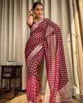 ATTRACTIVE LICHI SILK JACQUARD WORK SAREE WITH UNSTITCHED BLOUSE WINE