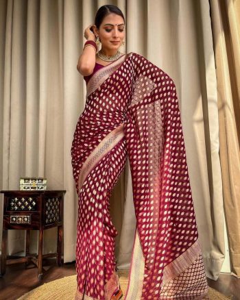 ATTRACTIVE LICHI SILK JACQUARD WORK SAREE WITH UNSTITCHED BLOUSE WINE