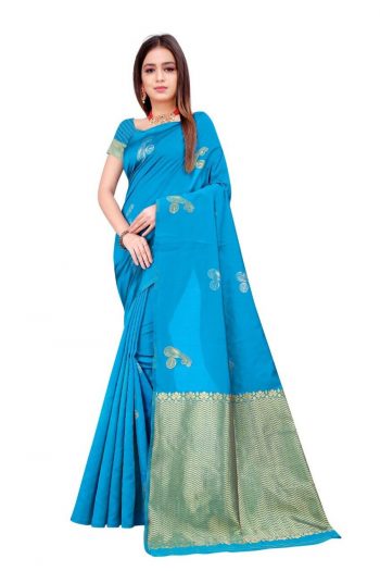 ATTRACTIVE LICHI SILK JACQUARD WORK SAREE WITH UNSTITCHED BLOUSE BLUE