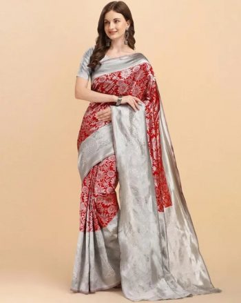 ATTRACTIVE LICHI SILK JACQUARD WORK SAREE WITH UNSTITCHED BLOUSE RED
